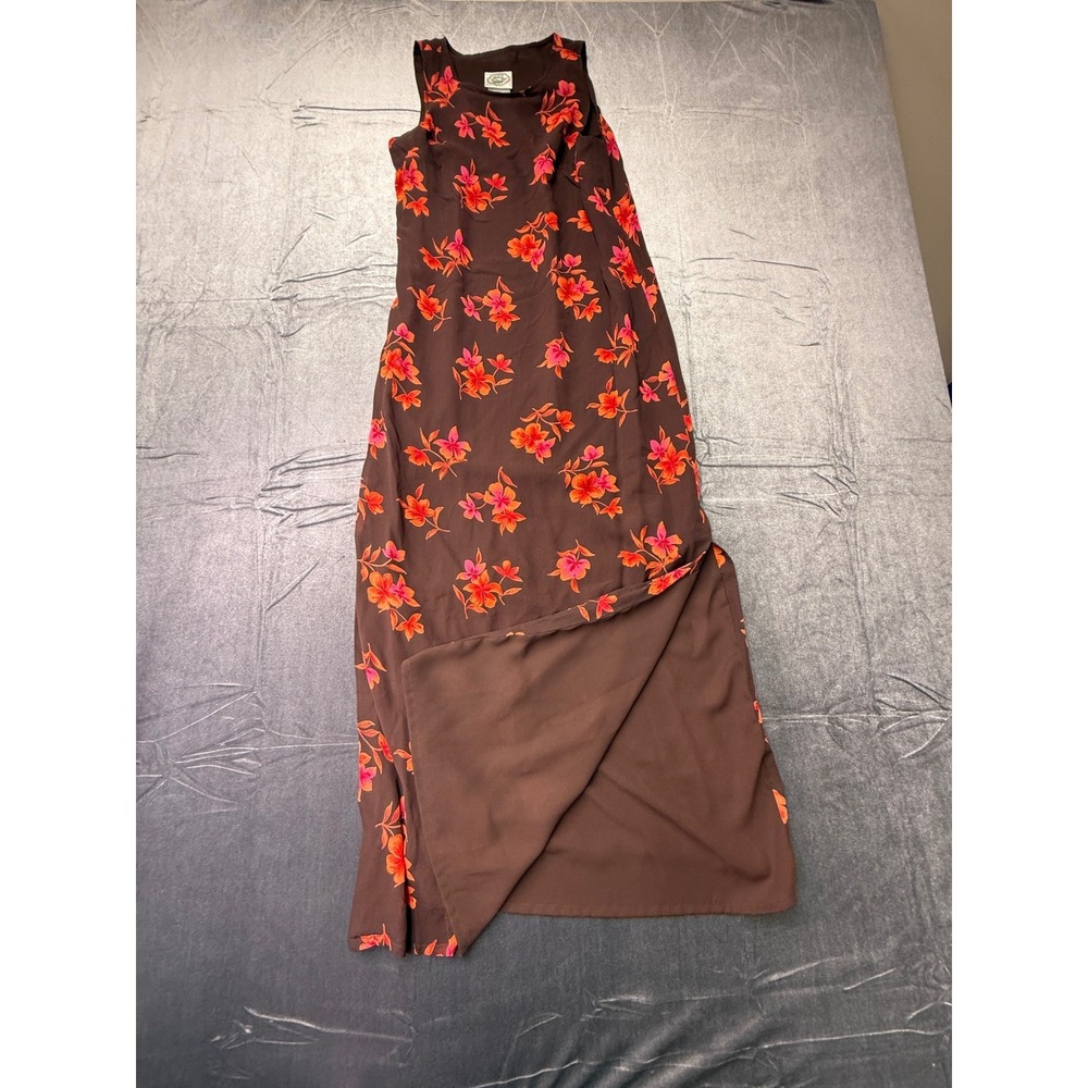 Laura Ashley Vintage 100% Silk Floral Maxi Dress Brown Orange Pink Size 6